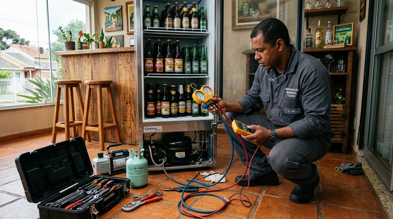 Técnico realizando manutenção de motor de cervejeira em Praia Grande‑SP