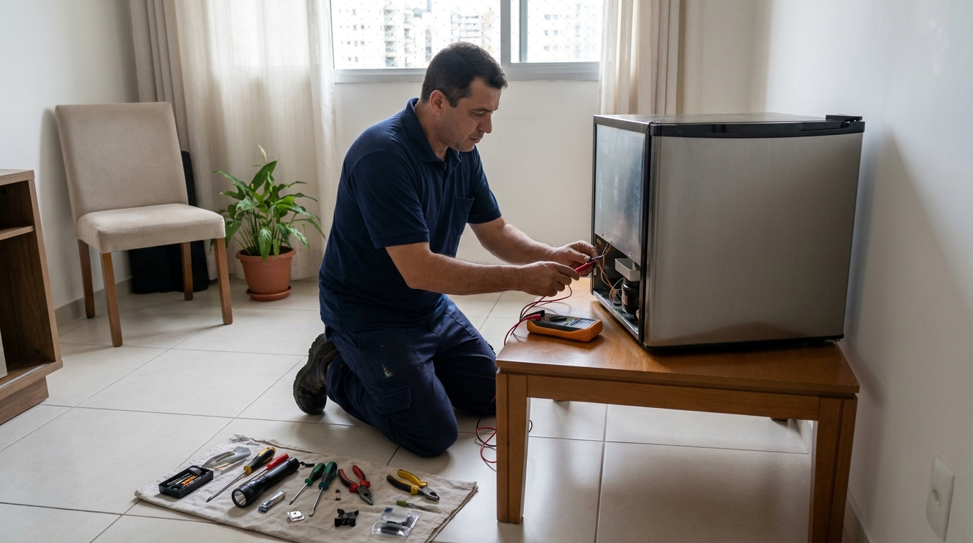Técnico realizando manutenção de motor de frigobar em Praia Grande‑SP