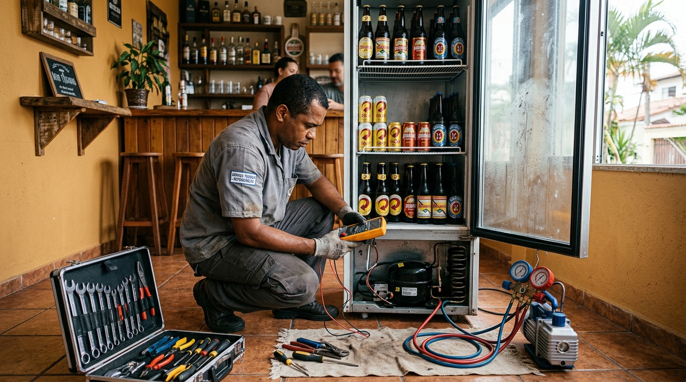Troca de termostato de cervejeira em atendimento técnico em Praia Grande‑SP